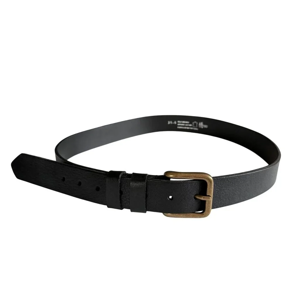 Pele Genuina Men's Belt Sz 46 Black Leather Gold-Tone Buckle Basic Vintage